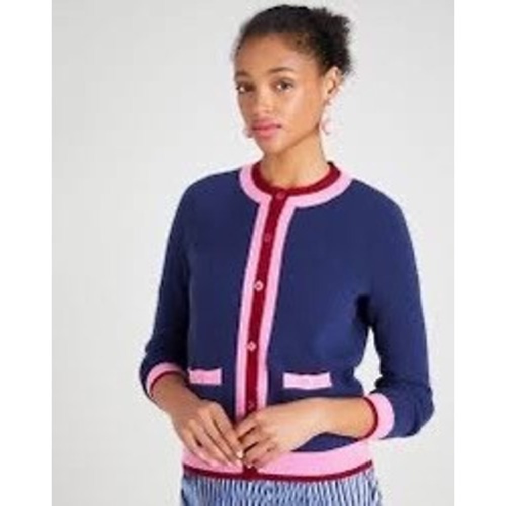 Kate Spade Colorblock Cashmere Cardigan Navy Pink Burgundy Gold Buttons Womens L